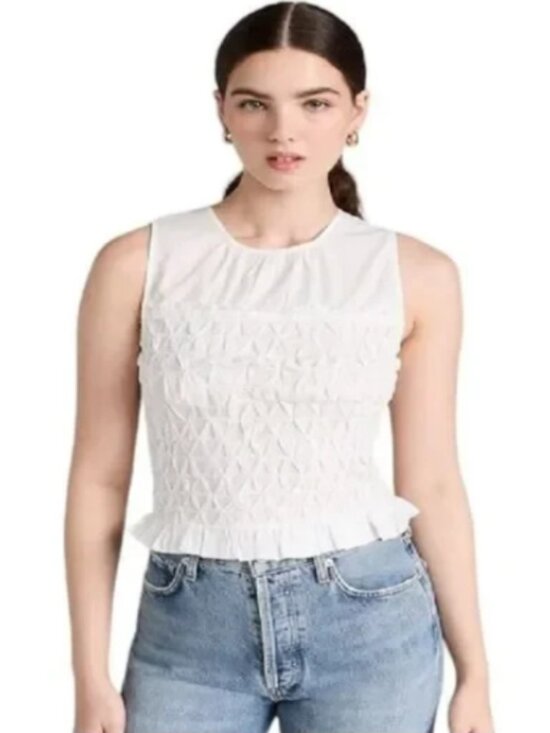 Ramy Brook Tops - Ramy Brook XXS White All Cotton Smocked Tank Top Cropped Waist Ruffle Pullover